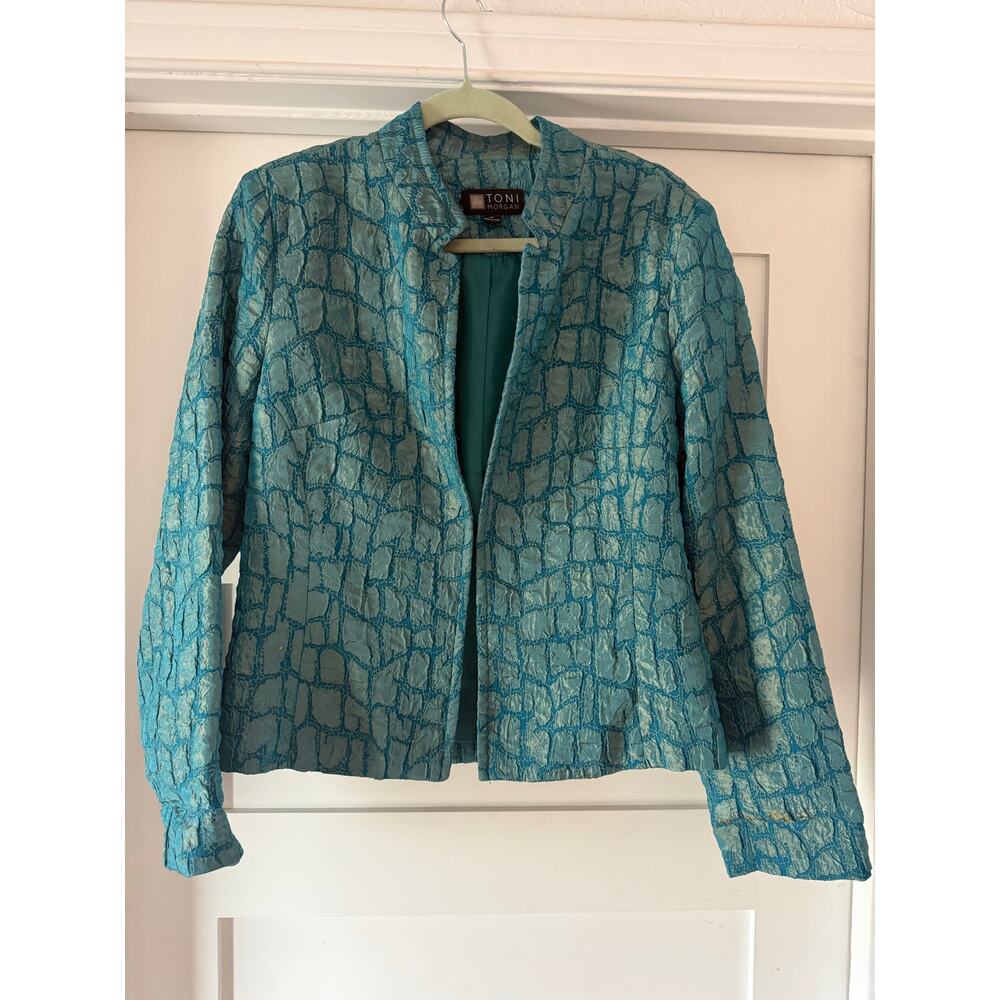 Toni Morgan Teal Textured Brocade Jacket| Shimmer Jacquard Evening Blazer
